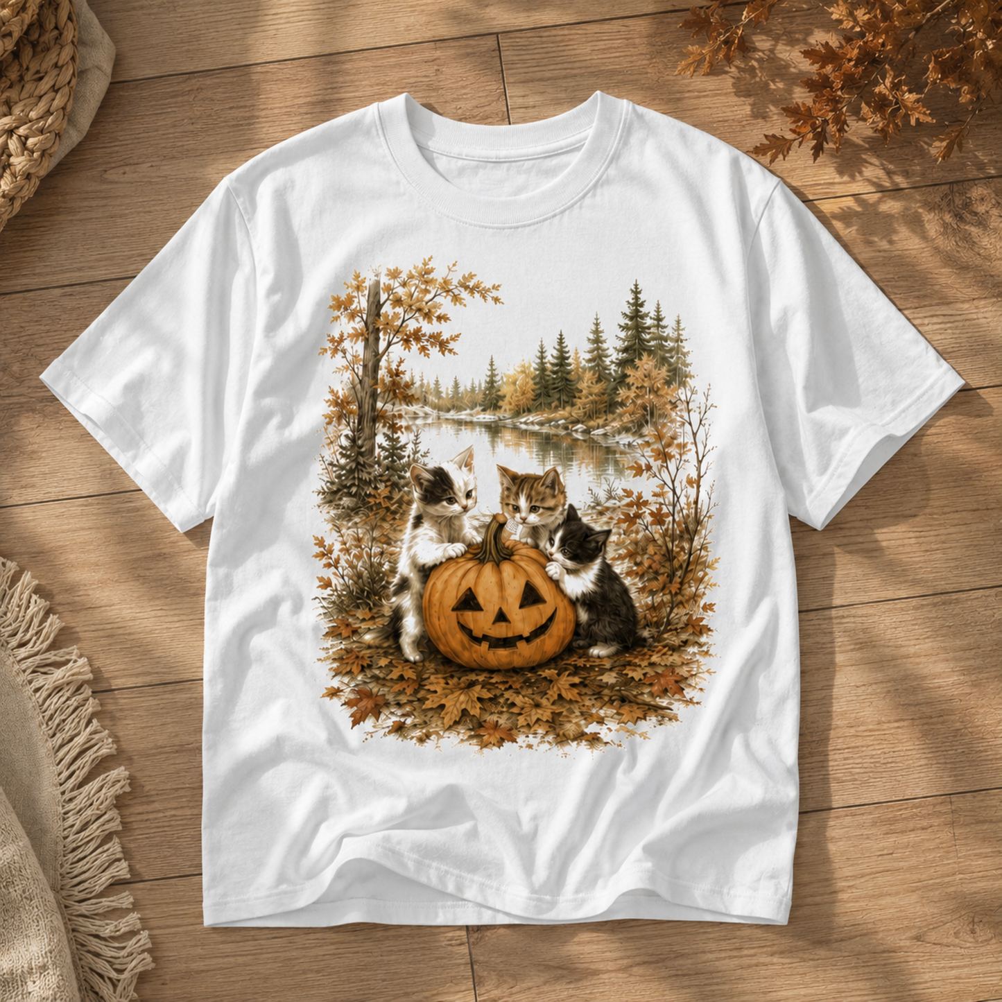 Autumn Kittens Pumpkin T-Shirt – Vintage Fall Cat Graphic Tee