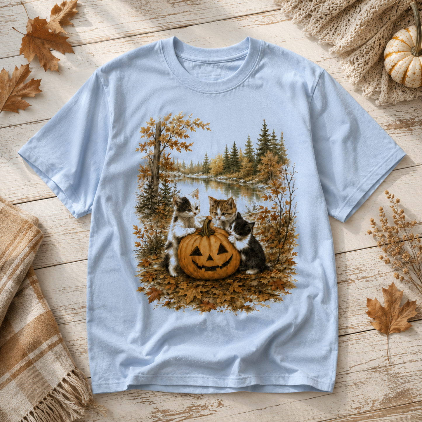 Autumn Kittens Pumpkin T-Shirt – Vintage Fall Cat Graphic Tee