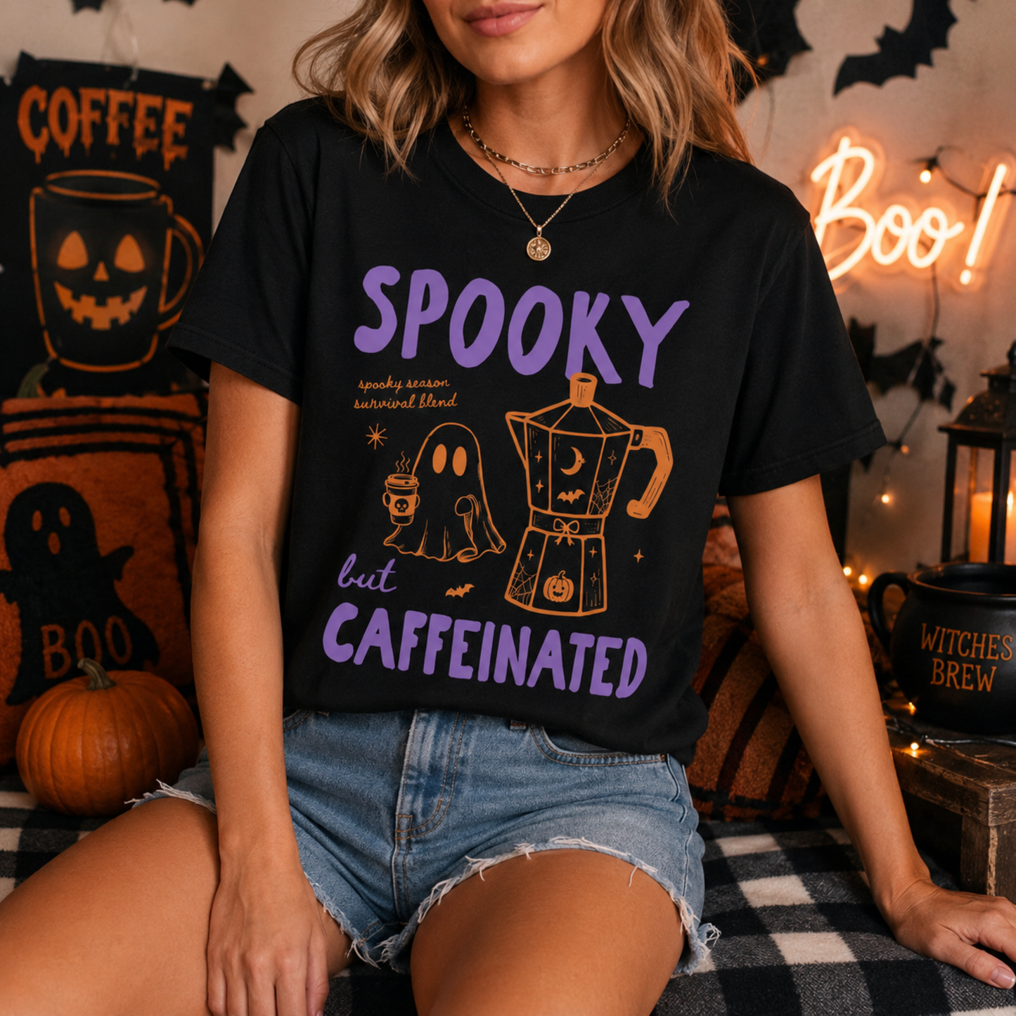 Spooky but Caffeinated T-Shirt – Halloween Ghost Coffee Graphic Tee