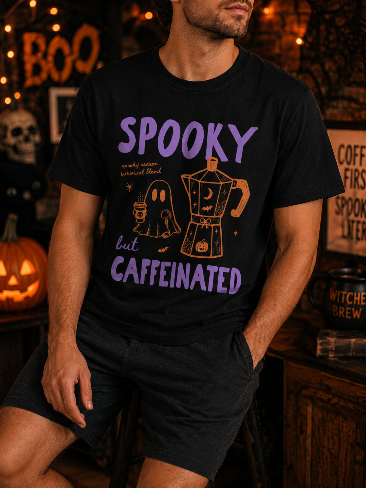 Spooky but Caffeinated T-Shirt – Halloween Ghost Coffee Graphic Tee