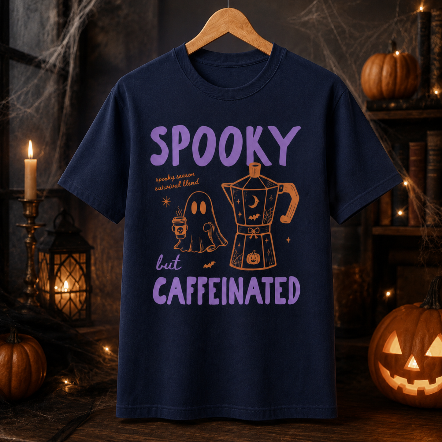 Spooky but Caffeinated T-Shirt – Halloween Ghost Coffee Graphic Tee