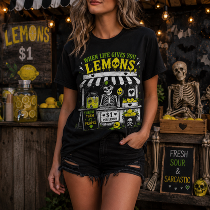 When Life Gives You Lemons T-Shirt – Funny Skeleton Lemon Stand Graphic Tee