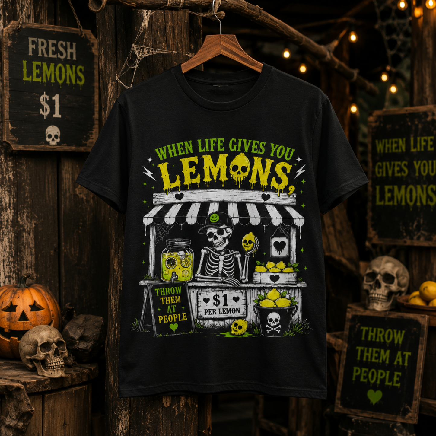 When Life Gives You Lemons T-Shirt – Funny Skeleton Lemon Stand Graphic Tee