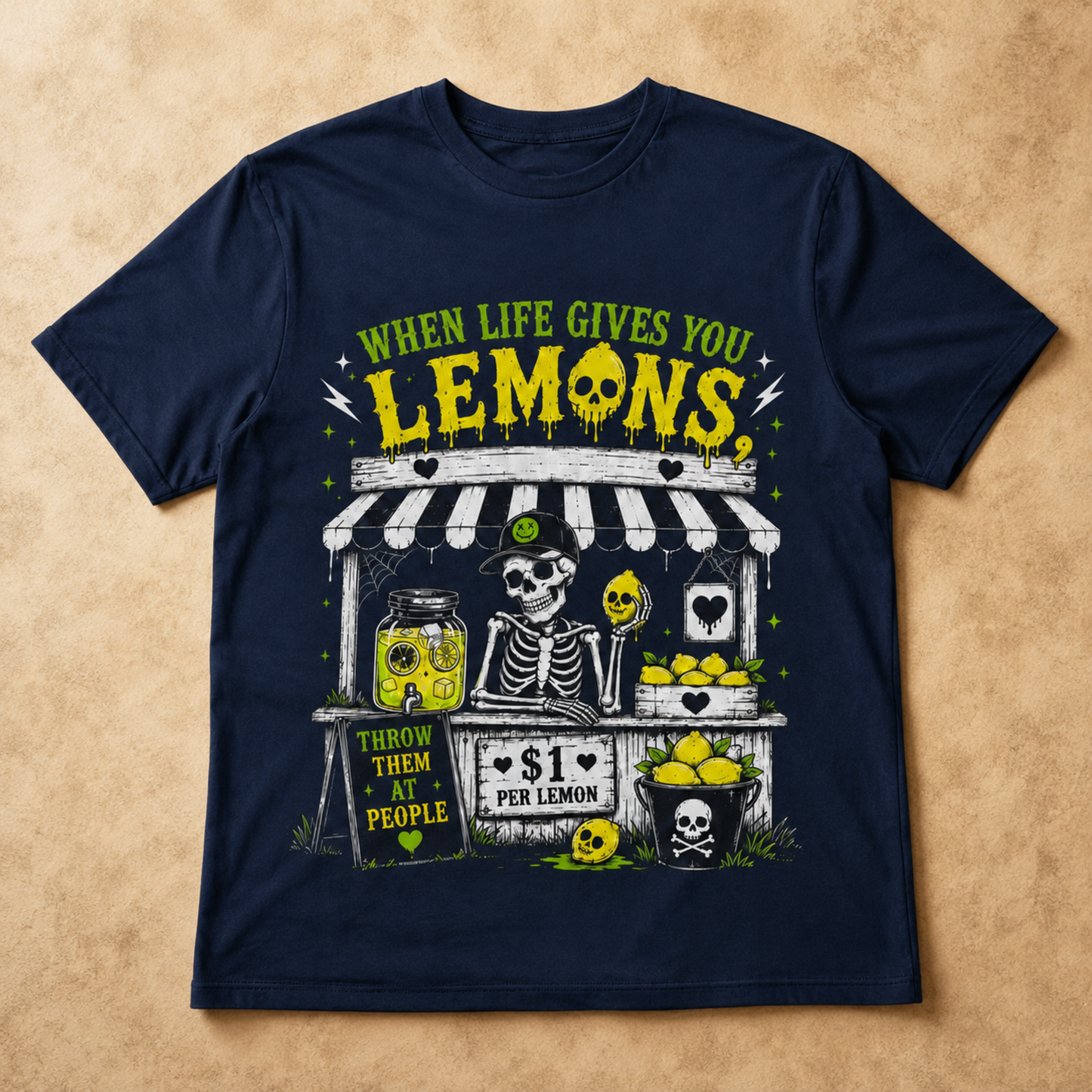 When Life Gives You Lemons T-Shirt – Funny Skeleton Lemon Stand Graphic Tee