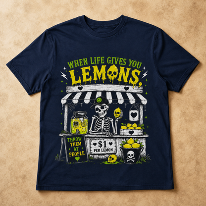 When Life Gives You Lemons T-Shirt – Funny Skeleton Lemon Stand Graphic Tee