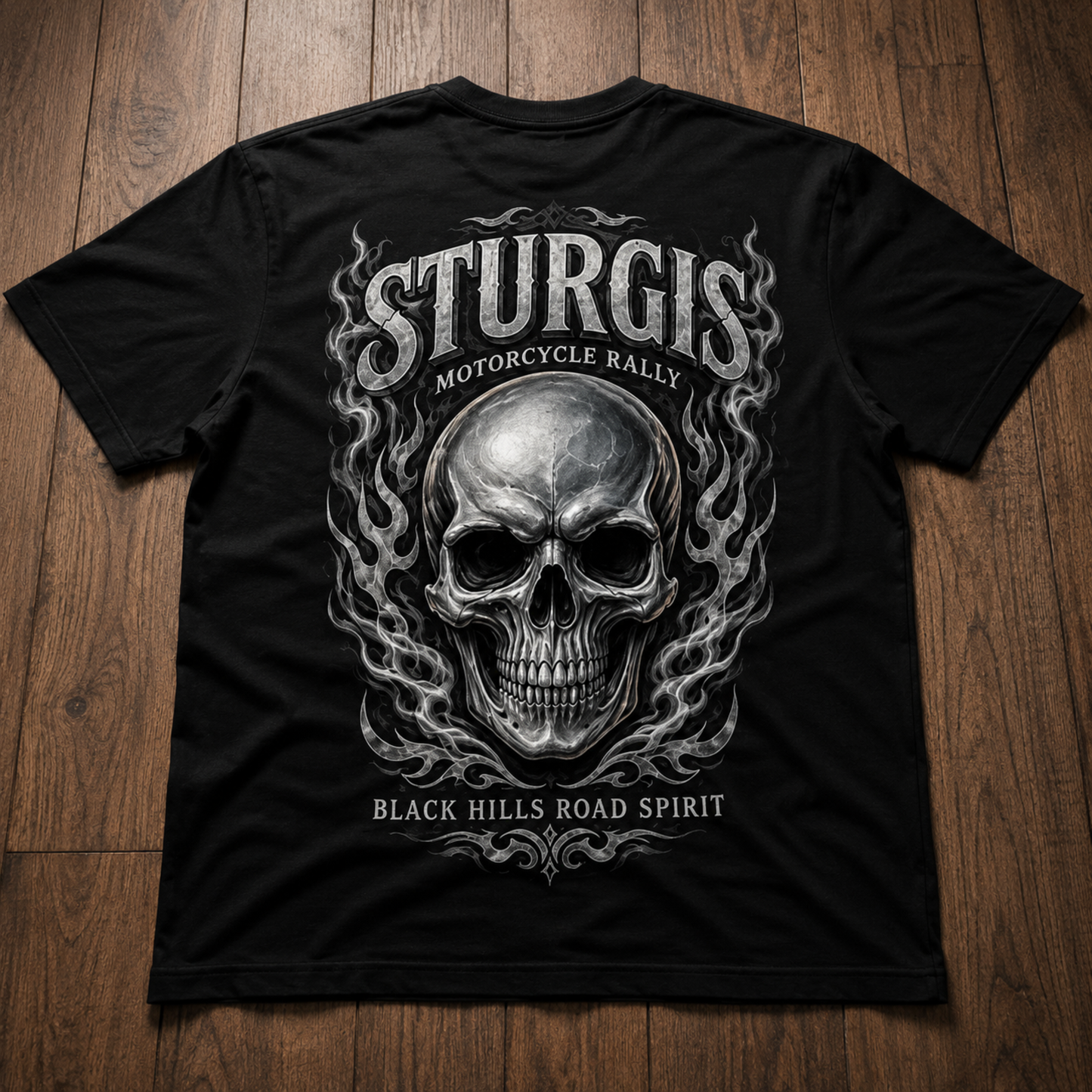 Sturgis Motorcycle Rally T-Shirt – Flaming Skull Black Hills Biker Tee