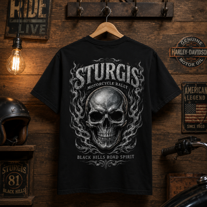 Sturgis Motorcycle Rally T-Shirt – Flaming Skull Black Hills Biker Tee