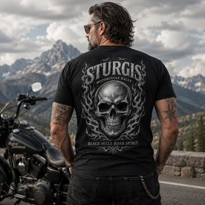 Sturgis Motorcycle Rally T-Shirt – Flaming Skull Black Hills Biker Tee