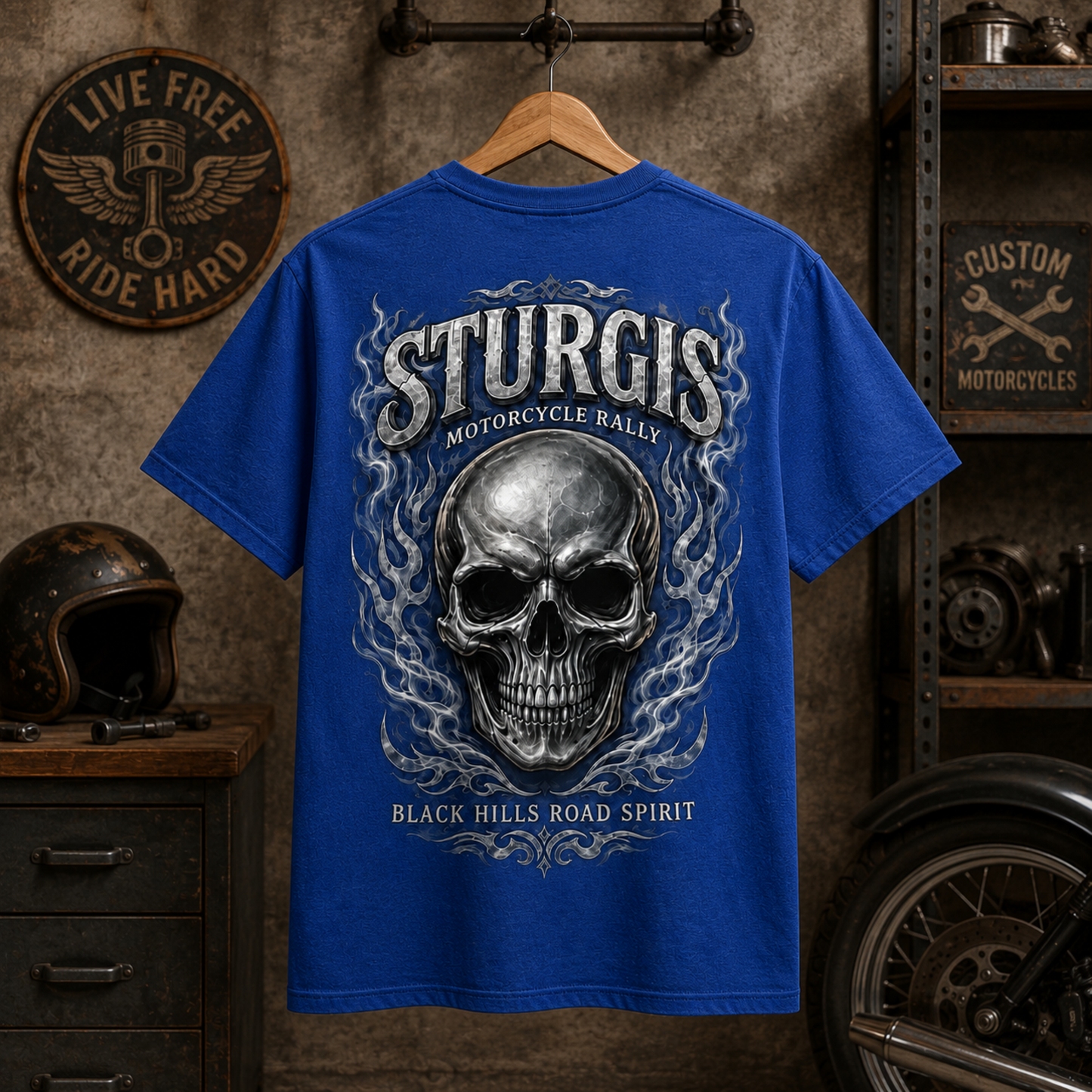 Sturgis Motorcycle Rally T-Shirt – Flaming Skull Black Hills Biker Tee