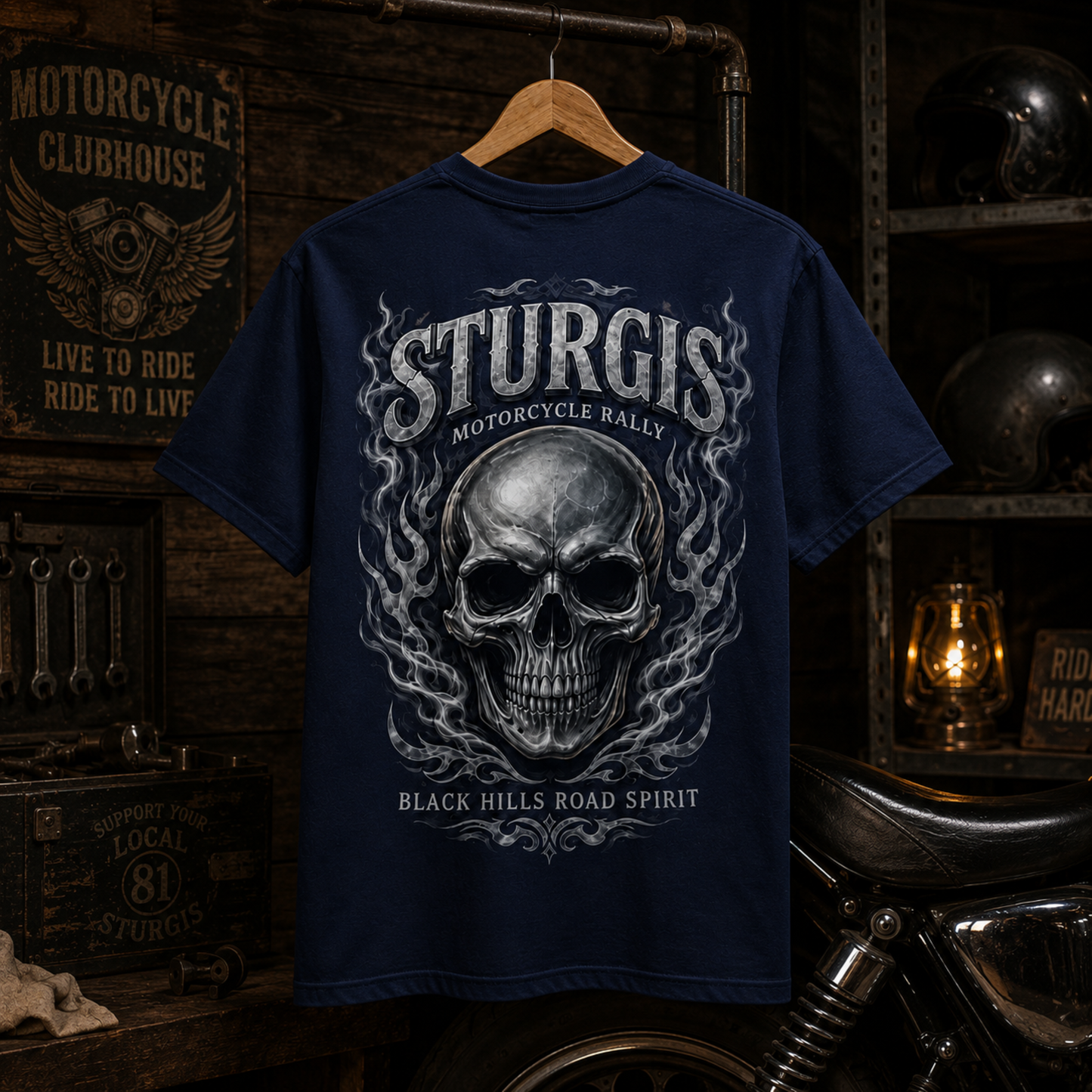 Sturgis Motorcycle Rally T-Shirt – Flaming Skull Black Hills Biker Tee