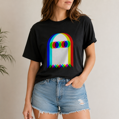 Retro Rainbow Ghost T-Shirt – Colorful Geometric Halloween Graphic Tee