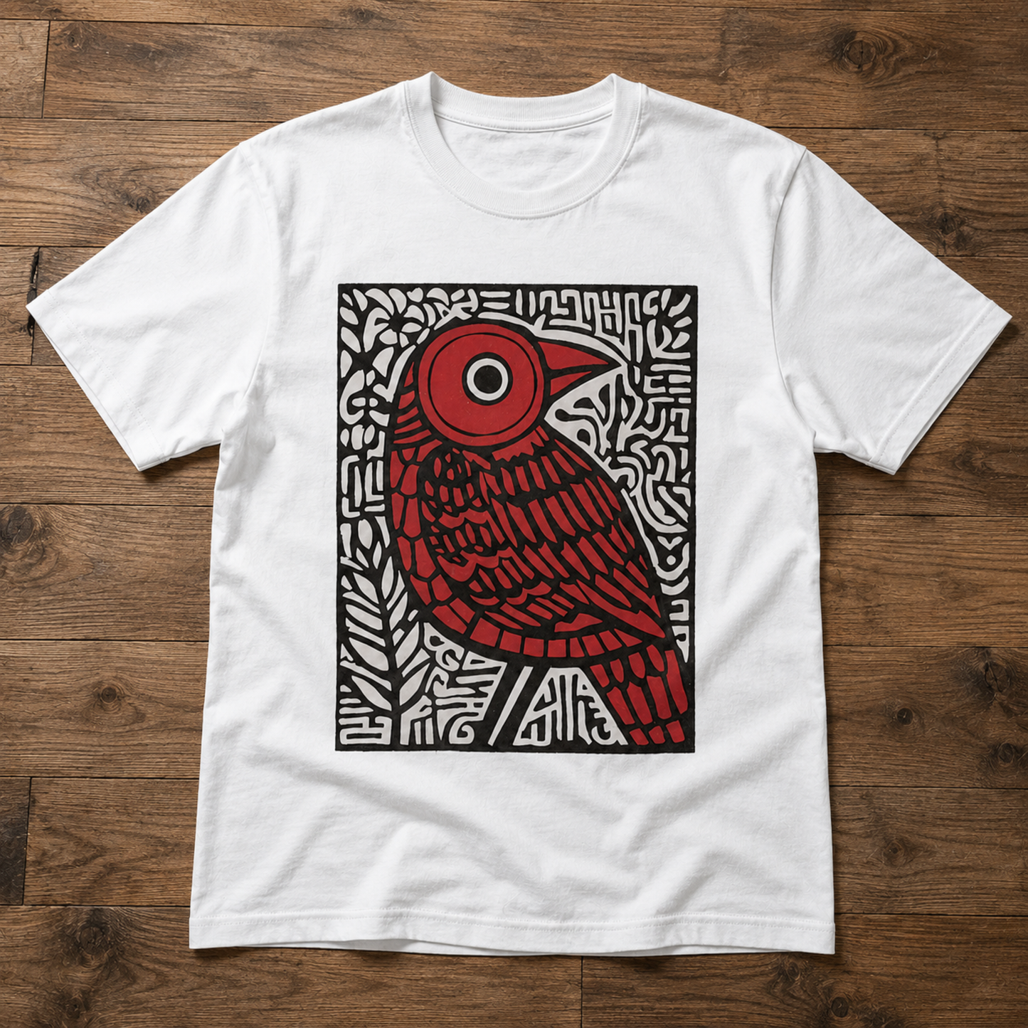 Red Bird Abstract T-Shirt – Bold Folk Art Graphic Tee