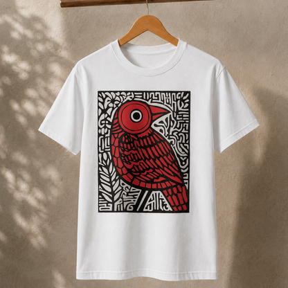 Red Bird Abstract T-Shirt – Bold Folk Art Graphic Tee