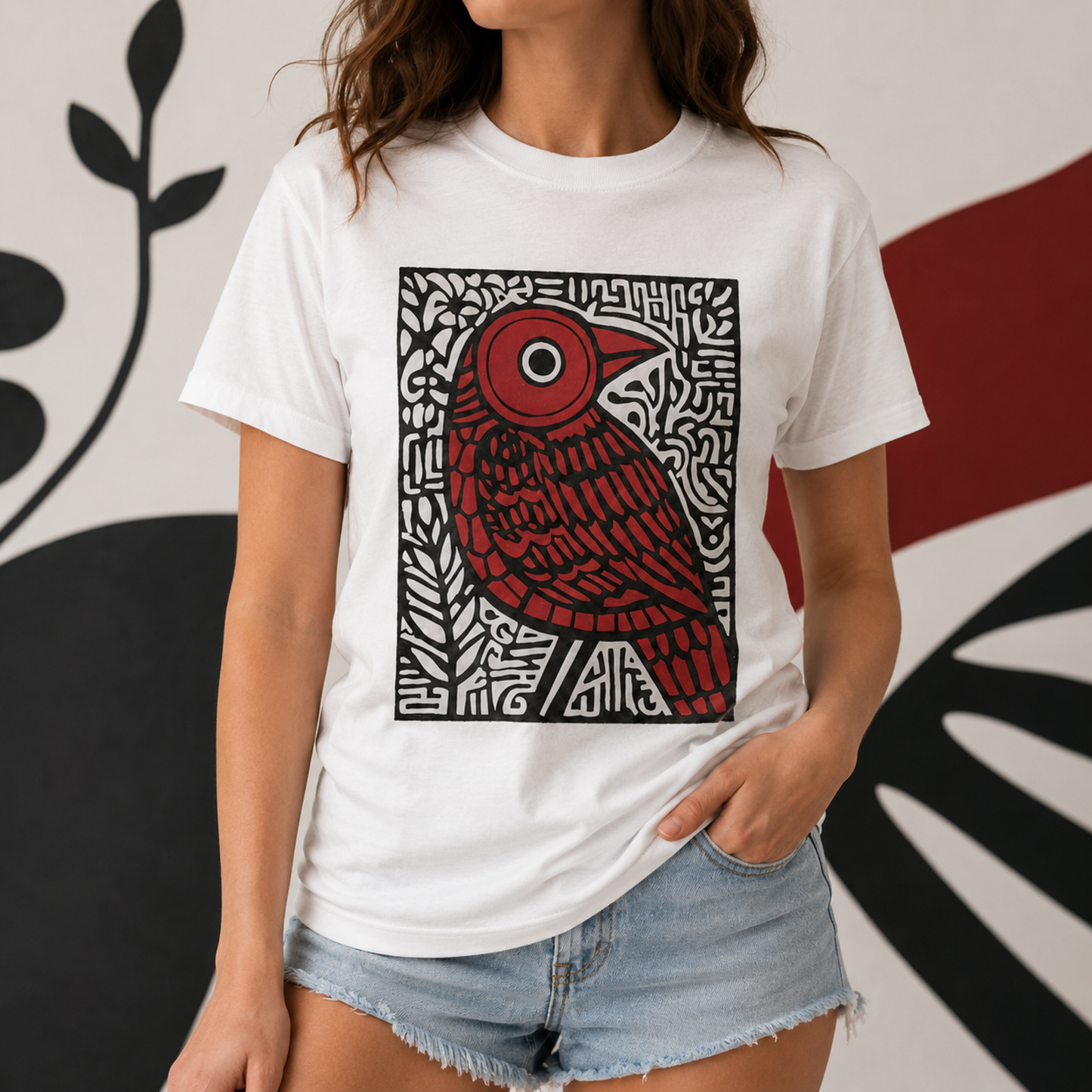 Red Bird Abstract T-Shirt – Bold Folk Art Graphic Tee