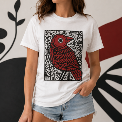 Red Bird Abstract T-Shirt – Bold Folk Art Graphic Tee