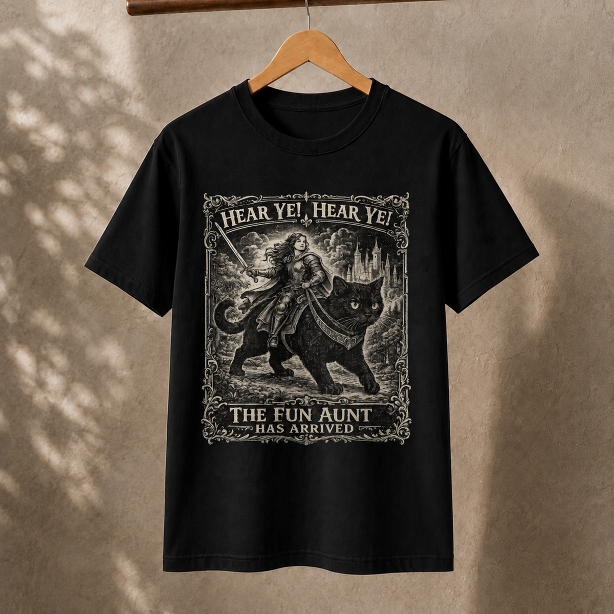 Fun Aunt Medieval Cat T-Shirt – Hear Ye Hear Ye Fantasy Graphic Tee