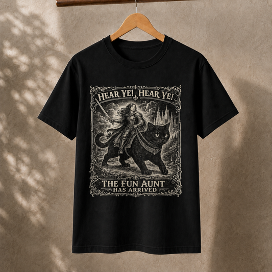Fun Aunt Medieval Cat T-Shirt – Hear Ye Hear Ye Fantasy Graphic Tee