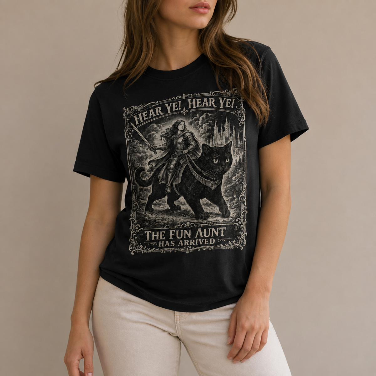 Fun Aunt Medieval Cat T-Shirt – Hear Ye Hear Ye Fantasy Graphic Tee