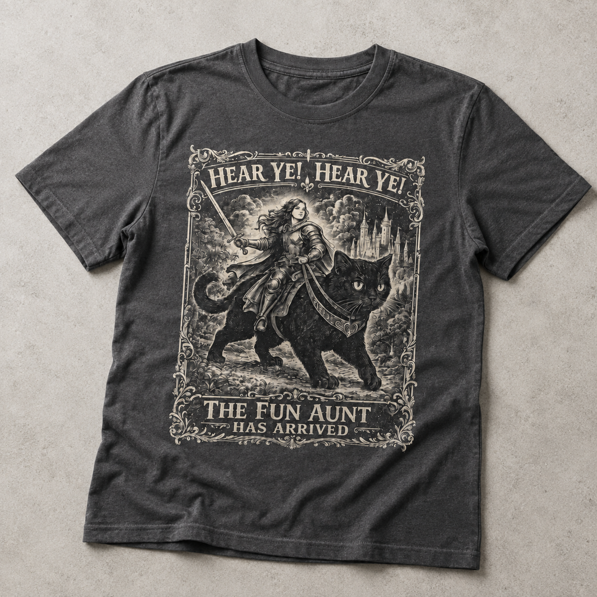 Fun Aunt Medieval Cat T-Shirt – Hear Ye Hear Ye Fantasy Graphic Tee