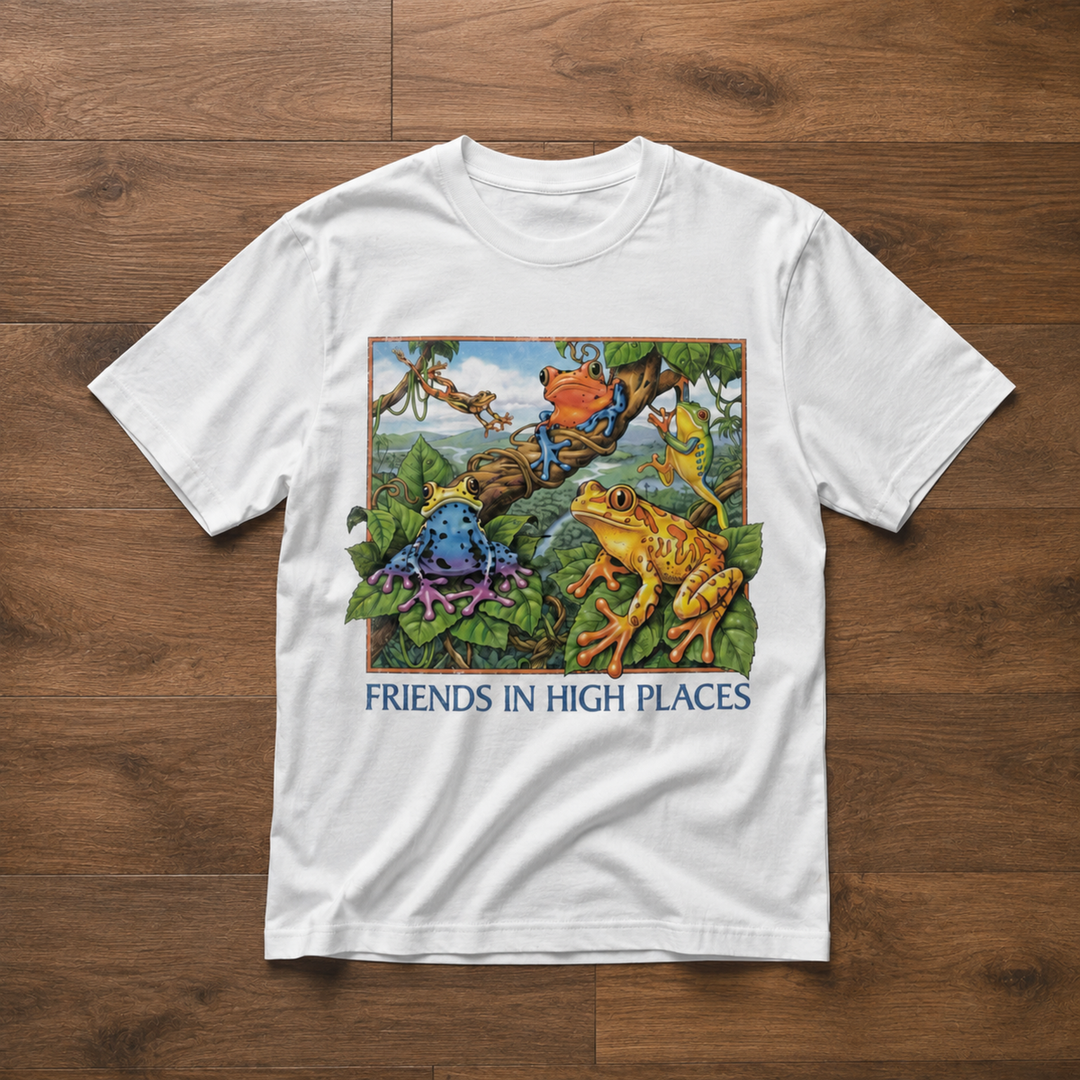 Friends in High Places Frog T-Shirt – Colorful Rainforest Frog Graphic Tee
