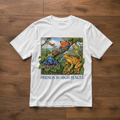 Friends in High Places Frog T-Shirt – Colorful Rainforest Frog Graphic Tee