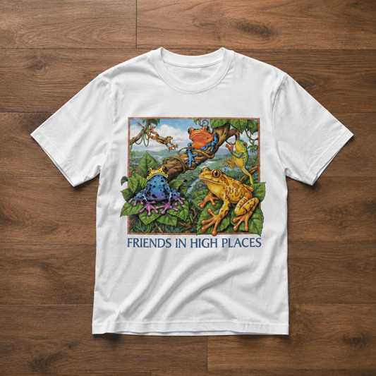 Friends in High Places Frog T-Shirt – Colorful Rainforest Frog Graphic Tee