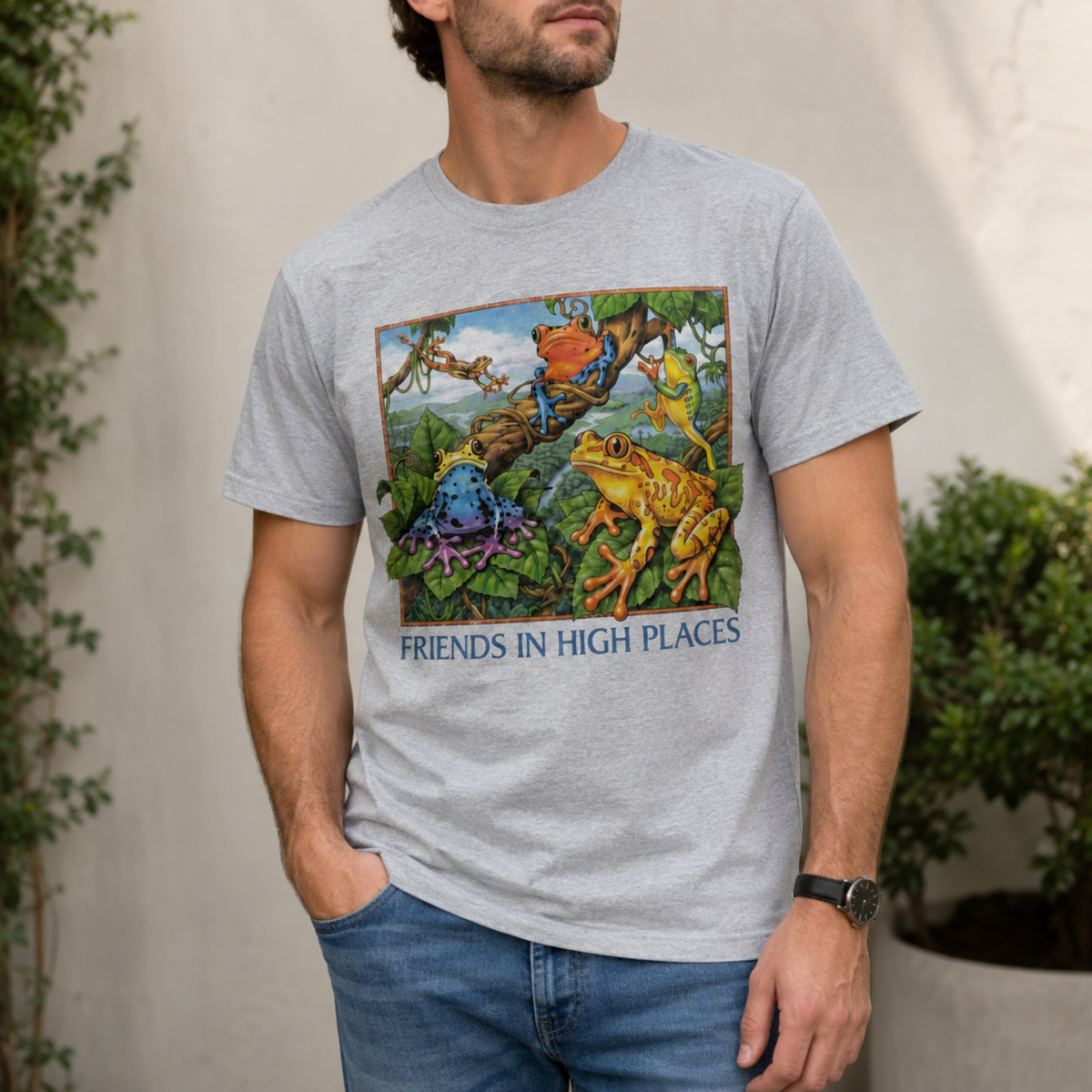 Friends in High Places Frog T-Shirt – Colorful Rainforest Frog Graphic Tee