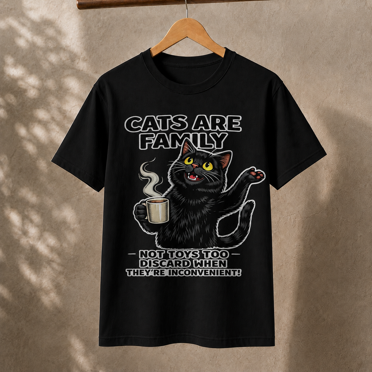 Cats Are Family T-Shirt – Funny Black Cat Coffee Graphic Tee