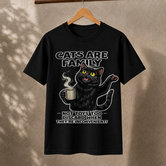 Cats Are Family T-Shirt – Funny Black Cat Coffee Graphic Tee