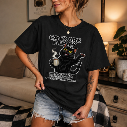 Cats Are Family T-Shirt – Funny Black Cat Coffee Graphic Tee