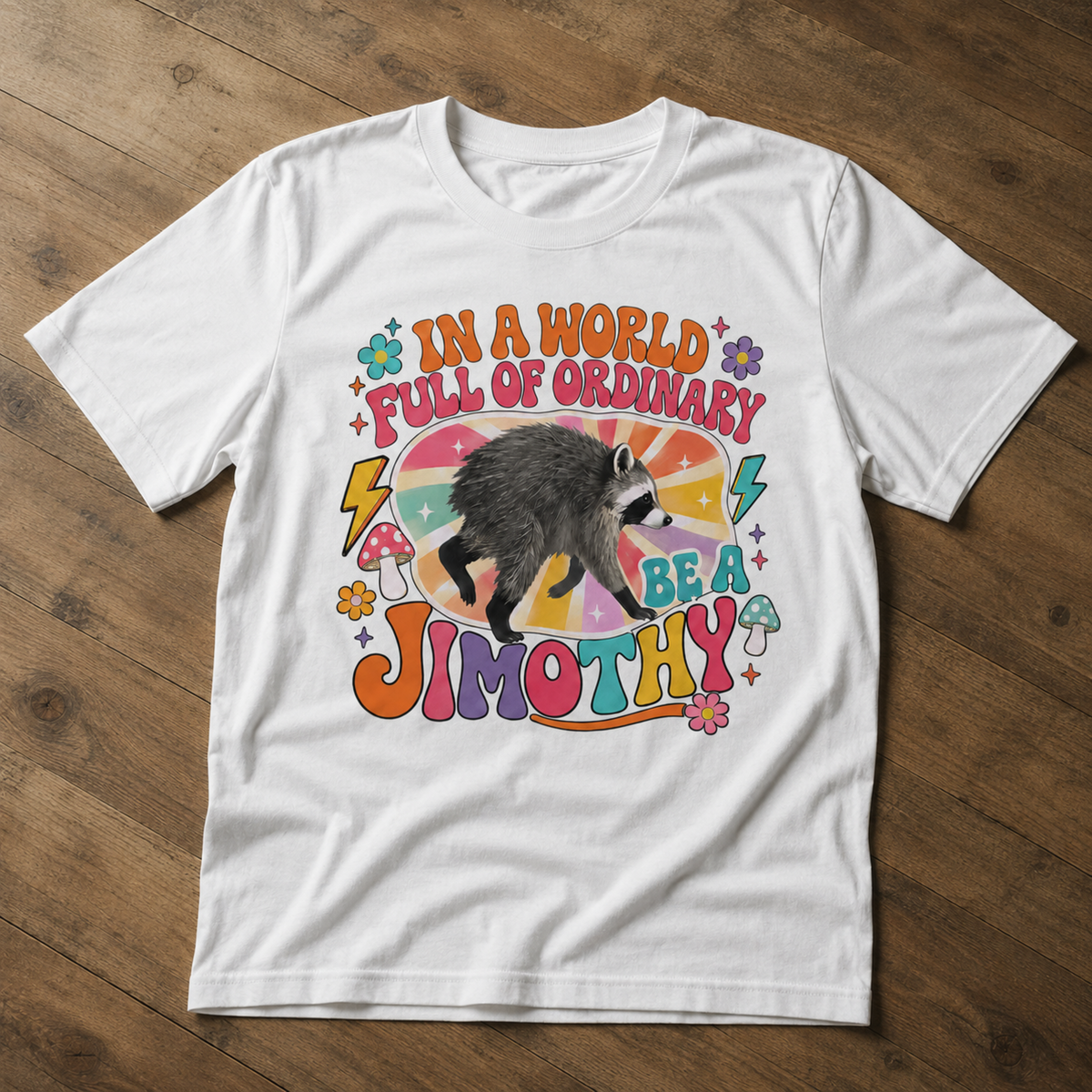 In a World Full of Ordinary Be a Jimothy T-Shirt – Funny Raccoon Retro Graphic Tee