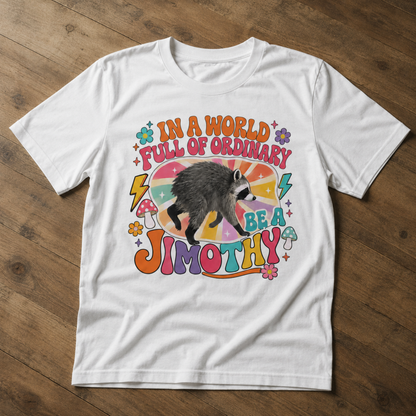 In a World Full of Ordinary Be a Jimothy T-Shirt – Funny Raccoon Retro Graphic Tee