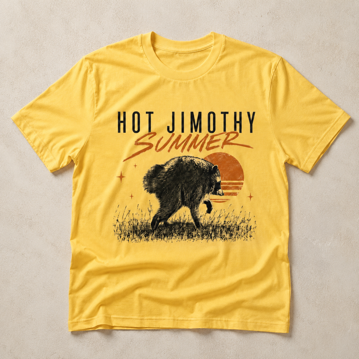 Hot Jimothy Summer T-Shirt – Funny Raccoon Retro Sunset Graphic Tee