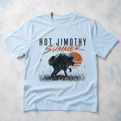Hot Jimothy Summer T-Shirt – Funny Raccoon Retro Sunset Graphic Tee