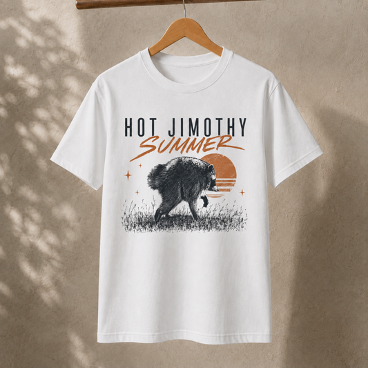 Hot Jimothy Summer T-Shirt – Funny Raccoon Retro Sunset Graphic Tee