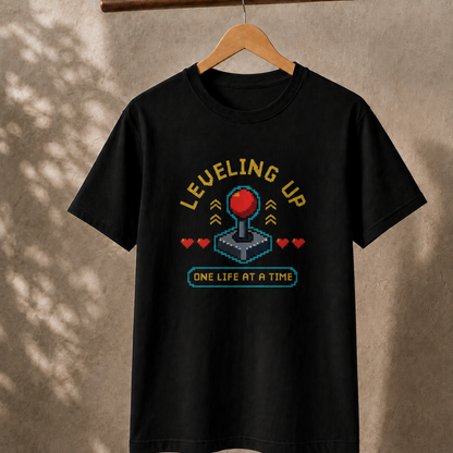 Leveling Up One Life at a Time T-Shirt – Retro Joystick Gaming Tee