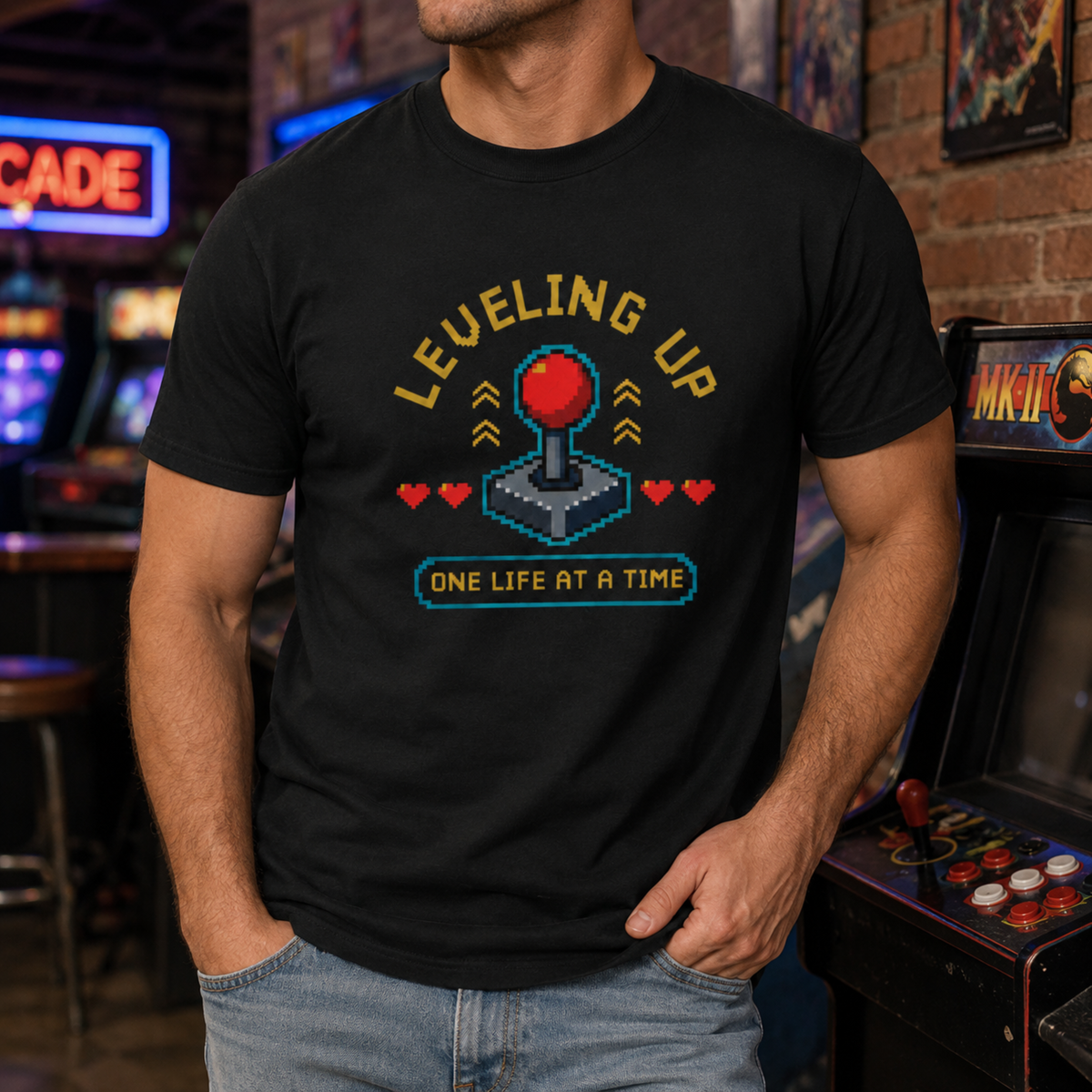 Leveling Up One Life at a Time T-Shirt – Retro Joystick Gaming Tee