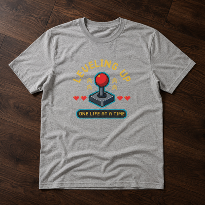 Leveling Up One Life at a Time T-Shirt – Retro Joystick Gaming Tee