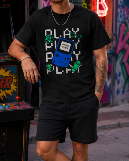 Play Play Play Game Over T-Shirt – Retro Handheld Gaming Graphic Tee