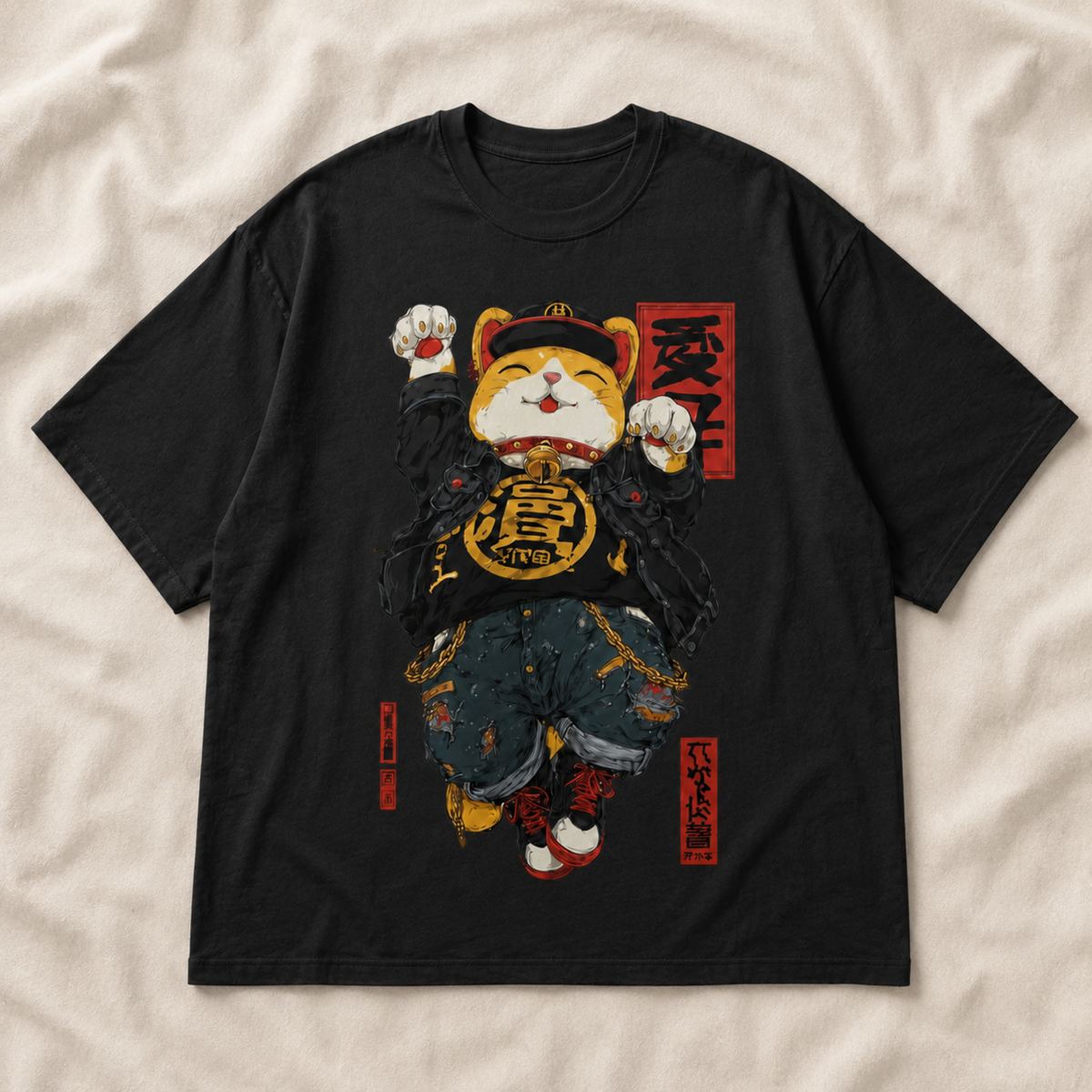 Japanese Lucky Cat Streetwear T-Shirt - Badass Maneki Neko Hip Hop Graphic Tee - Anime Kawaii Cat Lover Gift - Unisex Casual Cotton Shirt