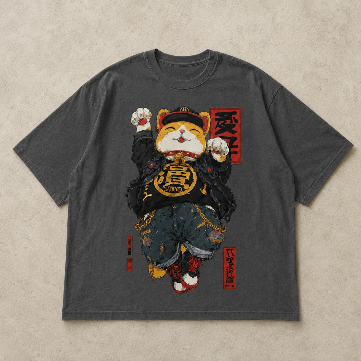 Japanese Lucky Cat Streetwear T-Shirt - Badass Maneki Neko Hip Hop Graphic Tee - Anime Kawaii Cat Lover Gift - Unisex Casual Cotton Shirt