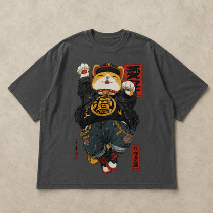 Japanese Lucky Cat Streetwear T-Shirt - Badass Maneki Neko Hip Hop Graphic Tee - Anime Kawaii Cat Lover Gift - Unisex Casual Cotton Shirt