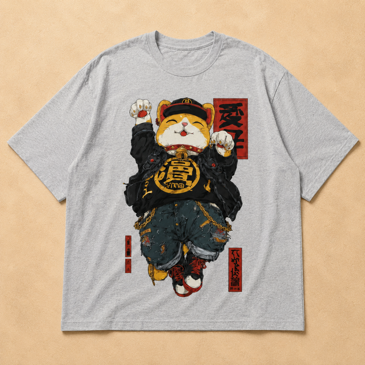 Japanese Lucky Cat Streetwear T-Shirt - Badass Maneki Neko Hip Hop Graphic Tee - Anime Kawaii Cat Lover Gift - Unisex Casual Cotton Shirt