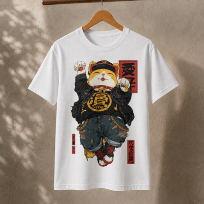 Japanese Lucky Cat Streetwear T-Shirt - Badass Maneki Neko Hip Hop Graphic Tee - Anime Kawaii Cat Lover Gift - Unisex Casual Cotton Shirt