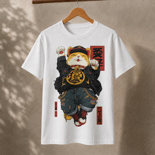 Japanese Lucky Cat Streetwear T-Shirt - Badass Maneki Neko Hip Hop Graphic Tee - Anime Kawaii Cat Lover Gift - Unisex Casual Cotton Shirt