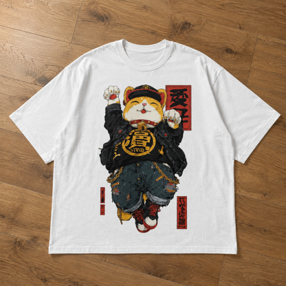 Japanese Lucky Cat Streetwear T-Shirt - Badass Maneki Neko Hip Hop Graphic Tee - Anime Kawaii Cat Lover Gift - Unisex Casual Cotton Shirt
