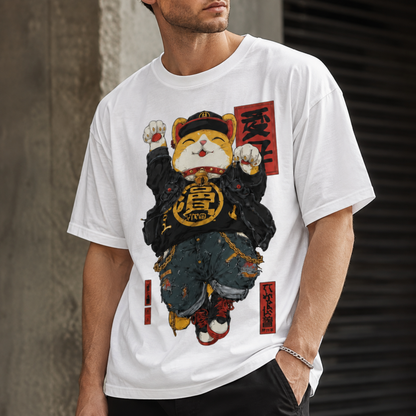Japanese Lucky Cat Streetwear T-Shirt - Badass Maneki Neko Hip Hop Graphic Tee - Anime Kawaii Cat Lover Gift - Unisex Casual Cotton Shirt