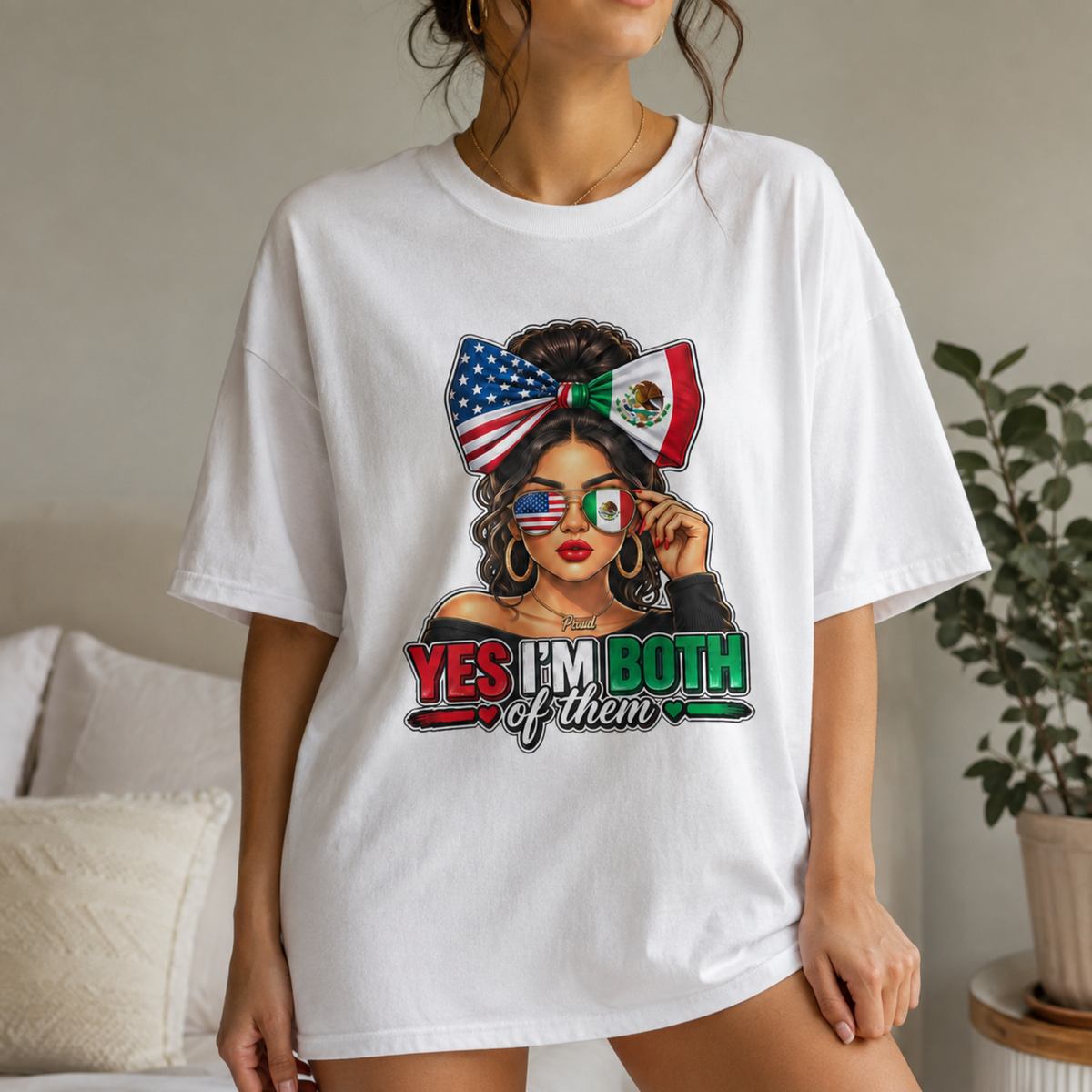Dual Heritage Mexican American T-Shirt, USA Mexico Flag Bow Tee, Proud Latina Heritage Unisex Shirt, Cultural Identity Gift
