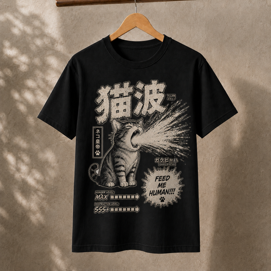 Funny Cat Anime T-Shirt Retro Japanese Graphic Tee Hungry Feline Unisex Shirt