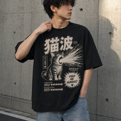 Funny Cat Anime T-Shirt Retro Japanese Graphic Tee Hungry Feline Unisex Shirt